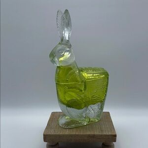 Vintage Zabkowice Green and Clear Glass Rabbit Lidded Easter‎ Spring Candy Dish